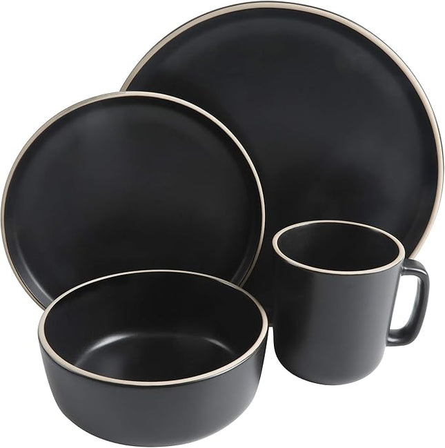 Gibson Home Zuma 16 Piece Round Kitchen Dinnerware Set, Dishes, Plates, Bowls, Mugs, Service for 4, Matte Stoneware, Black