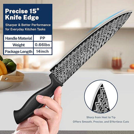 Kitchen Knife Set with Cover 3 Pcs, Black Chef Knife Set for Cooking, Sharp Kitchen Knives with Sheath, 8'' Chef Knife, 5'' Utility, 3.5'' Paring, Damascus Pattern Kitchen Knife for Cutting