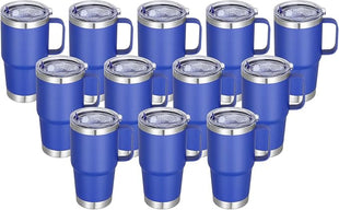 20 oz Stainless Steel Tumbler with Handle Bulk Metal Insulated Tumblers Travel Coffee Mug with Handle Double Wall Tumbler Cup with Lid and Straw, Blue 12 Pack