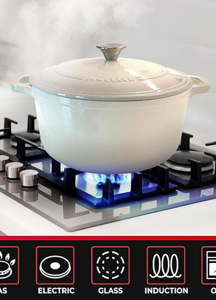 MUELLER HOME 4.5 QT Enameled Cast Iron Dutch Oven, Heavy-Duty Casserole Dish and Braiser Pan with Lid and Stainless Knob, Oven-Safe up to 500° F & Across All Cooktops, Oyster White