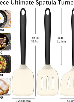 Coukre 3 Pack Silicone Spatula Set, High Heat Resistant, BPA-Free, Fish Spatula, Solid & Slotted Turner for Non-Stick Pans, Flipping Eggs, Pancakes, Fish, Burgers (3, BeigeBlack)
