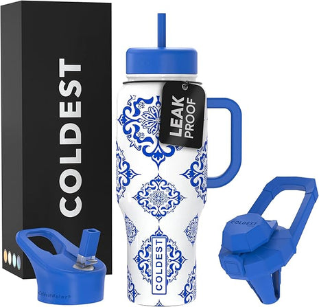 Coldest Tumbler with Handle and Straw - 100% Leak Proof Insulated Tumbler with Lid and Straw (3 Lids) - Stainless Steel Tumblers for Women & Men - Cup Holder Friendly Base, 36 oz (The European)