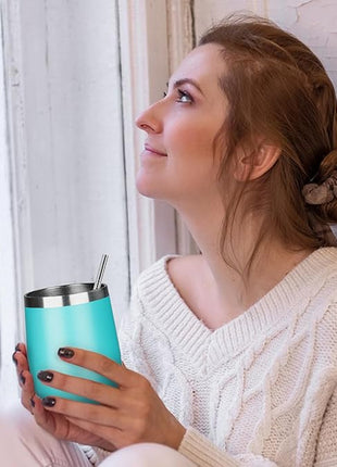 MEZMUT 12 Oz Insulated Wine Tumbler with Lid Double Wall Vacuum Stainless Steel Wine Glass Coffee Mug Insulated Tumbler Cup for Champaign, Cocktail, Beer (Teal, 4 Pack)