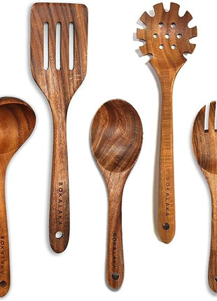 Teak Wooden Kitchen Utensil Set - 7Pcs Wooden Cooking Utensils Including Spatula