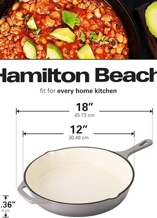 Hamilton Beach Enameled Cast Iron Fry Pan 12-Inch Gray, Cream Enamel coating, Skillet Pan For Stove top and Oven, Even Heat Distribution, Safe Up to 400 Degrees, Durable