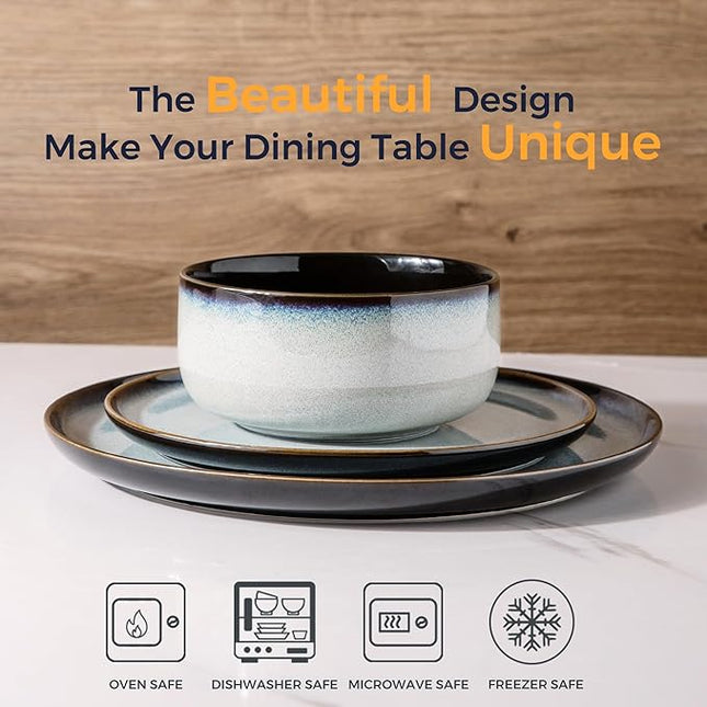 LeRATIO Ceramic Dinnerware Set of 4, Poreclain Plates, Bowls, Handmade Reactive Glaze Dishes, Chip Resistant, Oven & Dishwasher Safe, Service for 4-Gray White