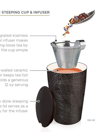 Tea Forte Double-Walled Ceramic Kati Cup, Removable Stainless Steel Infuser Basket and Lid, Steeps 12 oz Loose Leaf Tea, Dishwasher & Microwave Safe, Noir