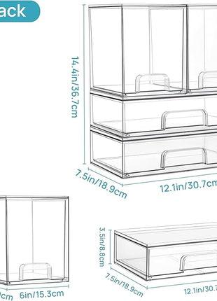 Vtopmart Clear Stackable Storage Drawers Set of 4, Plastic Organizer Bins for Makeup, Cosmetics, Beauty Supplies,Ideal for Vanity, Bathroom,Cabinet,Pantry Organization