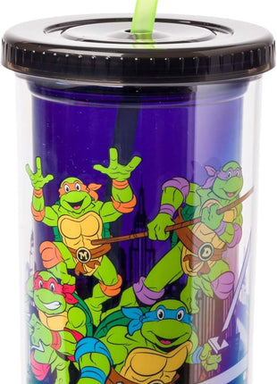 Silver Buffalo Teenage Mutant Ninja Turtles TMNT Featuring Leonardo, Raphael, Donatello, and Michelangelo Plastic Tall Cold Cup with Lid and Straw, 20 Ounces
