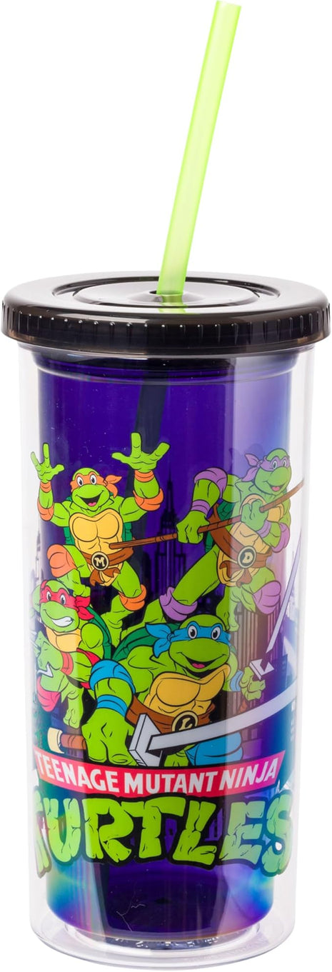 Silver Buffalo Teenage Mutant Ninja Turtles TMNT Featuring Leonardo, Raphael, Donatello, and Michelangelo Plastic Tall Cold Cup with Lid and Straw, 20 Ounces
