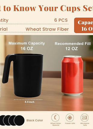 Homienly Wheat Straw Coffee Mugs 6 PCS, Alternative to Plastic Mugs with Handles, Unbreakable Coffee Mugs, Reusable Camping Mug Drinking Cups Set, Microwave and Dishwasher Safe Cups for Kitchen(Black)