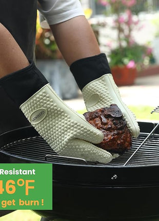 GEEKHOM BBQ Gloves Heat Resistant Oven Mitts - Silicone Grilling Gloves with 13.7" Arm Protection - Waterproof Pot Holder Non-Slip for Men & Women, Kitchen Outdoor Cooking, Baking, Camping, Mint Beige