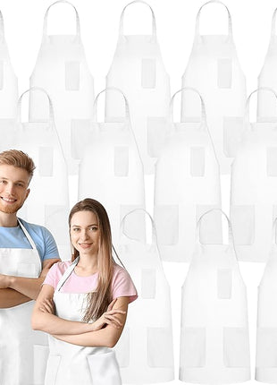 GREEN LIFESTYLE 12 Pack Chef Apron with Pockets – Grilling Aprons for Men, Waterproof Cooking Apron for BBQ, Work or Restaurant Use, Kitchen Aprons for Women with Pockets – White