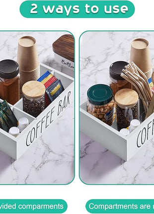 ALELION ALEION White Coffee Station Organizer - Wood Countertop Accessories Organizer with Removable Dividers for Pods Condiment Syrup Tea Cups Stirrers