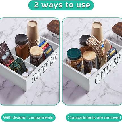 ALELION ALEION White Coffee Station Organizer - Wood Countertop Accessories Organizer with Removable Dividers for Pods Condiment Syrup Tea Cups Stirrers
