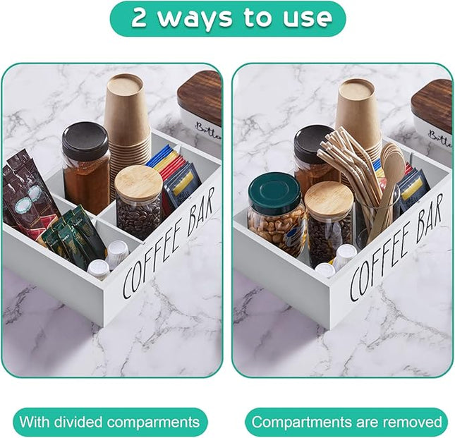 ALELION ALEION White Coffee Station Organizer - Wood Countertop Accessories Organizer with Removable Dividers for Pods Condiment Syrup Tea Cups Stirrers