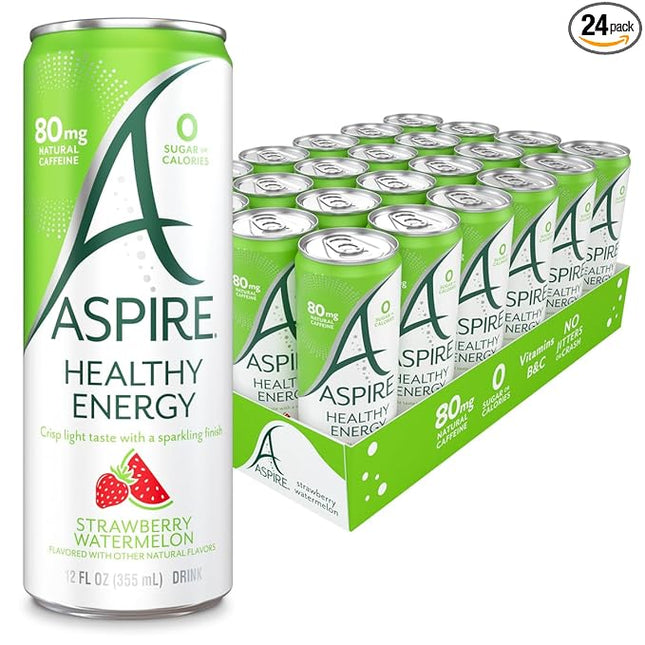 ASPIRE® Strawberry Watermelon, Healthy Energy Drink 80mg Natural Caffeine, Zero Sugar No Carbs Keto Friendly, 24 Pack Green Tea Sugar Free Drink Low Caffeine Zero Calorie