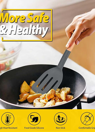 Pack of 2 Silicone Cooking Spatula, Heat Resistant Solid Turner, Non Stick Slotted Spatulas with Wooden Short Handle,Ideal Wood Kitchen Utensils Set for Frying, Baking, Flipping, Turning