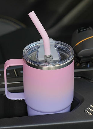 Sursip 24 oz Insulated Cup with Handle, Double Wall Vacuum Stainless Steel Tumbler with Straw and 2 Lids, For Cold/Hot Drinks, Coffee Travel Mug for Car/Home/Office/Party/Camping (Pink＆Purple-1 Pack)