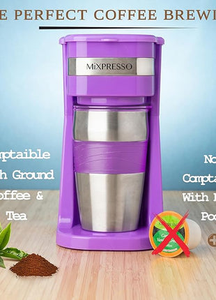 Mixpresso Purple Personal Single Serve Coffee Maker with 14oz Travel Mug, Drip Small Coffee Maker with Auto Shut Off, Reusable Filter, Works with Ground Coffee Only – Not for K-Cup Pods