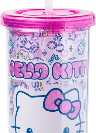 Silver Buffalo Sanrio Hello Kitty Neon Fruit Pattern Plastic Cold Cup with Lid and Straw, 20 Ounces