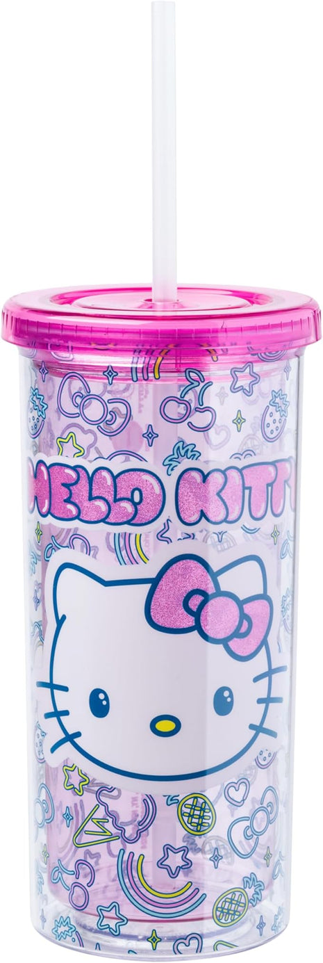 Silver Buffalo Sanrio Hello Kitty Neon Fruit Pattern Plastic Cold Cup with Lid and Straw, 20 Ounces