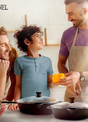 Cuisinel Cast Iron Skillet Set - 10" + 12" Frying Pan + Glass Lids + 2 Handle Cover Grips - Pre-Seasoned Oven Cookware - Indoor/Outdoor Use - Grill, Stovetop, Induction, BBQ, Camping, Fire Use