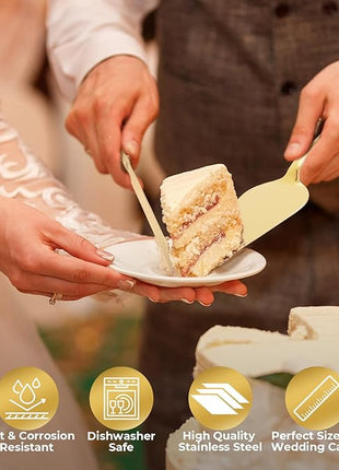 Wedding Cake Cutting Set, Elegant Wedding Cake Knife and Server Set with Thick Stainless Steel Wide Handle, Cake Cutting Set for Wedding Anniversary Christmas, Cake Cutter, 2 Cute Forks and Bows, Gold