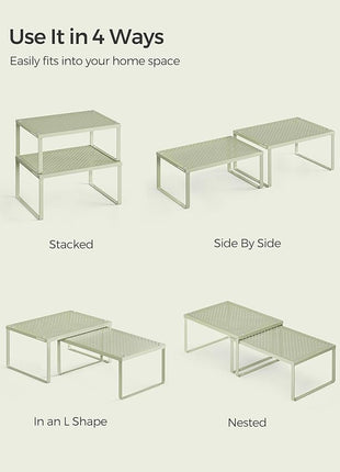 SONGMICS Spice Racks, Set of 4 Metal Cabinet Shelf Organizers, Countertop Organizers, Shelf Risers, Stackable, Expandable, Sage Green UKCS006C01