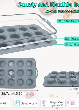 To encounter 2Pack Silicone Muffin Pan with Metal Frame, 12 Cup Regular Size Cupcake Pan, Non-Stick Baking Tray, Food Grade Baking Molds for Oven, Dishwasher Safe