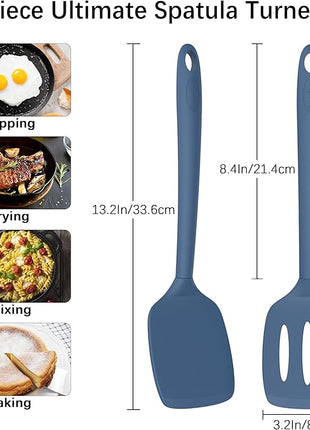 Coukre 2 Pack Silicone Spatula Set, High Heat Resistant, BPA Free Kitchen Spatula, Solid & Slotted Turner for Non-Stick Pans, Sautéing, and Flipping (2, PureDarkBlue)