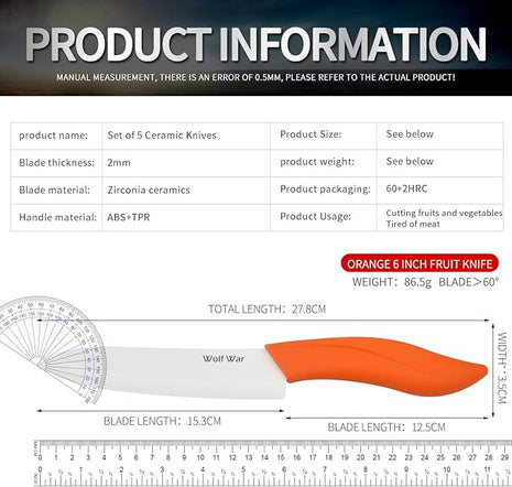 Ceramic Knife Set with Sheaths - Black 5 Piece Kitchen Set: 6" Chef, 5" Utility, 4" Fruit, 3" Paring Knife, One Peeler