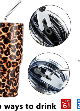 30oz Leopard Tumbler Stainless Steel Insulated Travel Mug with Straw Lid Cleaning Brush (30 oz Leopard), 1 Count (Pack of 1)