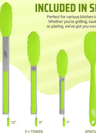 Kaluns Kitchen Tongs for Cooking Grilling Set of 4, BBQ Grill Tongs With Silicone Tip Stainless Steel Heat Resistant, Non-stick Pull Lock, Incl 7, 9, 12 Inch Tong Plus a Silicone Spatula