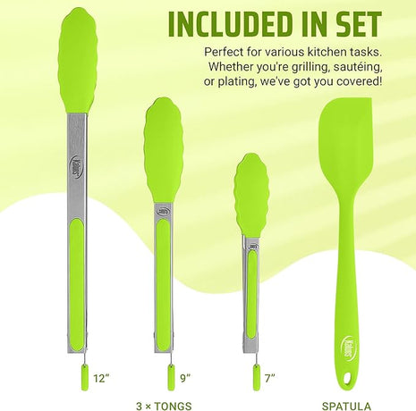Kaluns Kitchen Tongs for Cooking Grilling Set of 4, BBQ Grill Tongs With Silicone Tip Stainless Steel Heat Resistant, Non-stick Pull Lock, Incl 7, 9, 12 Inch Tong Plus a Silicone Spatula