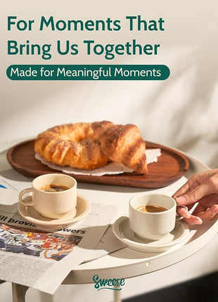 Sweese Porcelain Espresso Cups Set, 2.5 oz, with Saucers, Metal Stand, Stackable - Dove Grey, 4 Pack