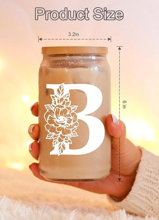 Coolife Initial Glass Cup, Monogrammed Gifts for Women, 16 oz Glass Cups w/Lids Straws, Iced Coffee Smoothie Beer Tumbler w/Straw Lid - Personalized Christmas, Birthday Gifts for Her Mom Friend Woman