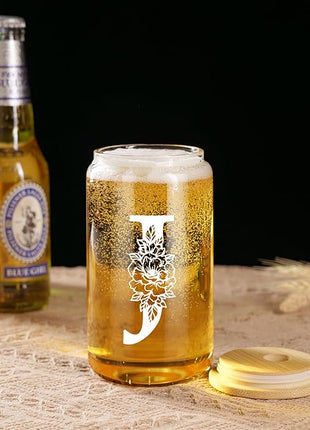 Coolife Initial Glass Cup, Monogrammed Gifts for Women, 16 oz Glass Cups w/Lids Straws, Iced Coffee Smoothie Beer Tumbler w/Straw Lid - Personalized Christmas, Birthday Gifts for Her Mom Friend Woman