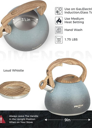 POLIVIAR Tea Kettle, 2.7 Quart Stovetop Tea Kettle, Audible Whistling Teapot with Crackle Finish, Food Grade Stainless Steel for Anti-Rust, Anti Hot Handle, Suitable for All Heat Sources (JX2023-LYL)