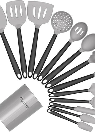 Coukre Silicone Kitchen Cooking Utensils Set with Holder – Heat-Resistant, Food-Grade Kitchen Tools, Spatula, Spoon & Gadgets for Non-Stick Pans, Dishwasher Safe (14, Gray)