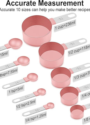 Measuring Cups and Spoons Set, 10 Pieces Nesting Measure Tools, Kitchen Essentials Gadgets with Stainless Steel Handle for Dry & Liquid Ingredient, Pink