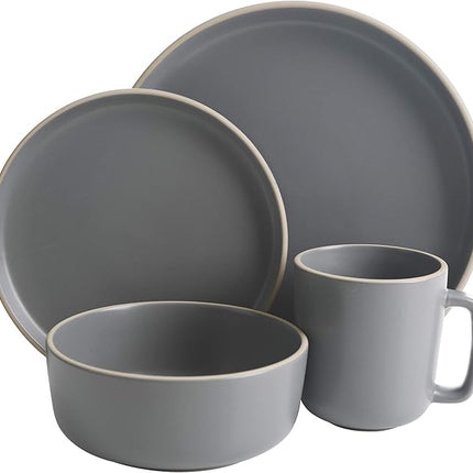 Gibson Home Zuma 16 Piece Round Kitchen Dinnerware Set, Dishes, Plates, Bowls, Mugs, Service for 4, Matte Stoneware, Grey, Gray