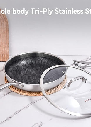 DELARLO Whole body Tri-Ply Stainless Steel Hybrid 12 inch Frying Pan With Lid Nonstick, Oven safe induction skillet,Suitable for All Stove (Detachable Handle)
