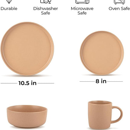 Zulay Kitchen Terra Stoneware Dinnerware Set, Artisanal Ceramic Plates and Bowls Set Crafted at 2300℉ - Service for 4, Terracotta Clay