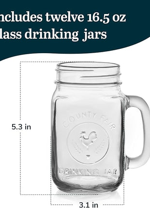 Libbey County Fair Glass Drinking Jars, 16.5-ounce, Set of 12