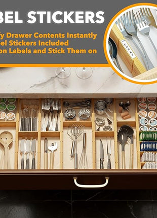 SpaceAid Bamboo Drawer Dividers with Inserts and Labels, Kitchen Adjustable Drawer Organizers, Expandable Organization for Home, Office, Dressers, 10 Dividers with 24 Inserts (17"-22" Natural)