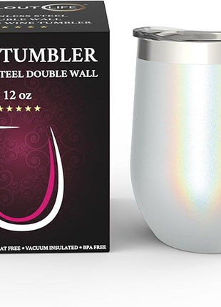 CHILLOUT LIFE 12 oz Stainless Steel Wine Tumbler with Lid - Double Wall Vacuum Insulated Wine Cup Glass Keeping Cold & Hot for Coffee, Champagne, Cocktails, Ice Cream - Holographic Glitter