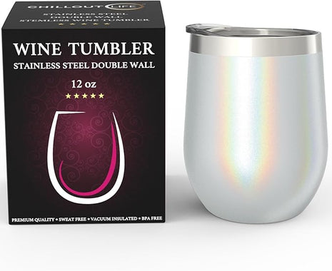 CHILLOUT LIFE 12 oz Stainless Steel Wine Tumbler with Lid - Double Wall Vacuum Insulated Wine Cup Glass Keeping Cold & Hot for Coffee, Champagne, Cocktails, Ice Cream - Holographic Glitter