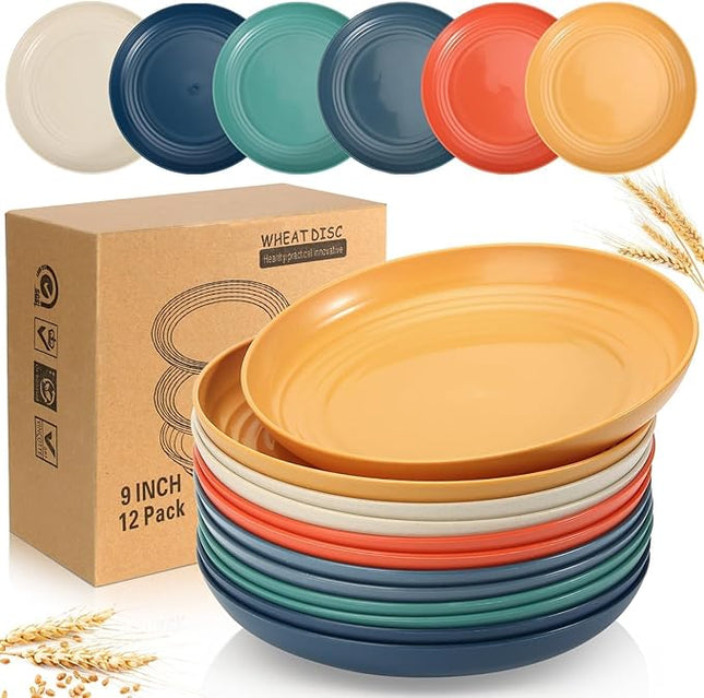OAMCEG 12 Pack Plastic Plates Reusable- 9 Inch Wheat Straw Plates Unbreakable, Dishwasher & Microwave Safe Wheatstraw Dinnerware Sets Kid-Friendly for Kitchen Outdoor Camping