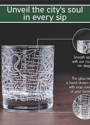 Greenline Goods Whiskey Glasses - 10 Oz Tumbler Gift Set for Philadelphia lovers, Etched with Philadelphia Map | Old Fashioned Rocks Glass - Set of 2